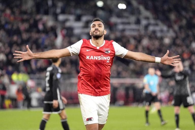 ALKMAAR - Vangelis Pavlidis of AZ Alkmaar celebrates the 2-0 during the Dutch Eredivisie match between AZ Alkmaar and Aj